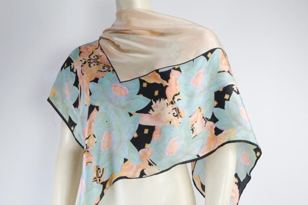 Vintage Albert Nipon Silk Scarf Square 34x34 Pastel Floral Lotus Black Champagne